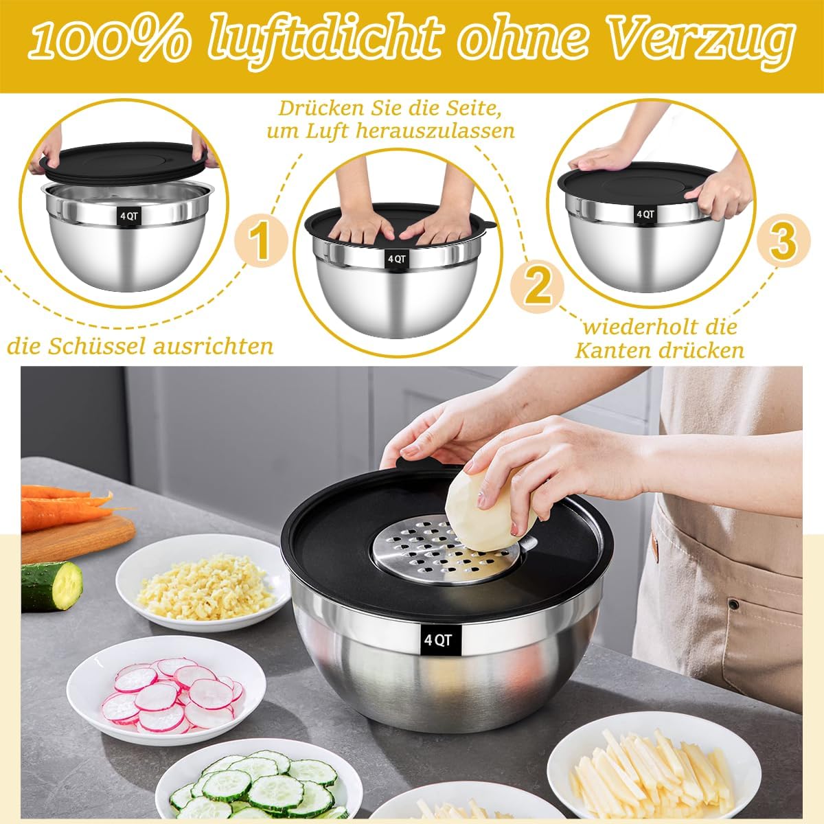 5er Set Rührschüssel mit luftdichten Deckeln & Reibenaufsätzen