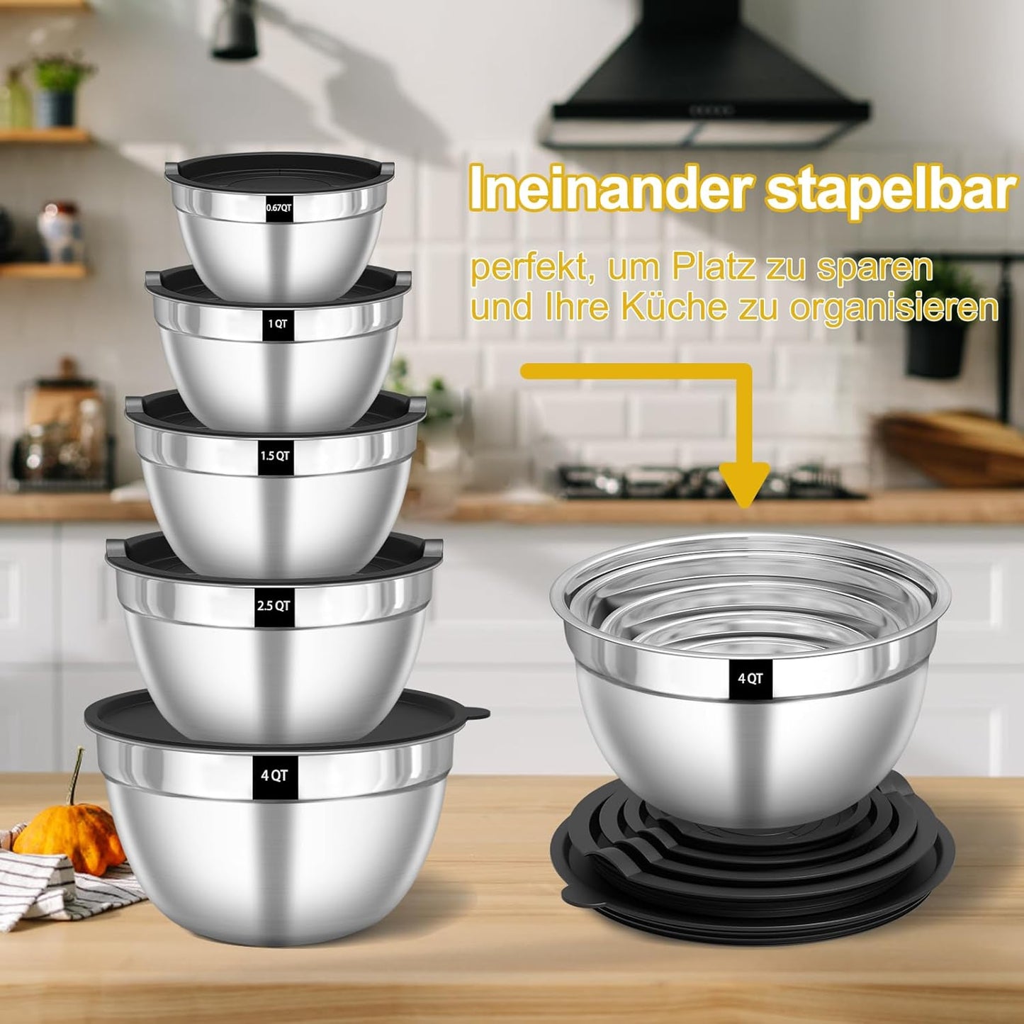 5er Set Rührschüssel mit luftdichten Deckeln & Reibenaufsätzen