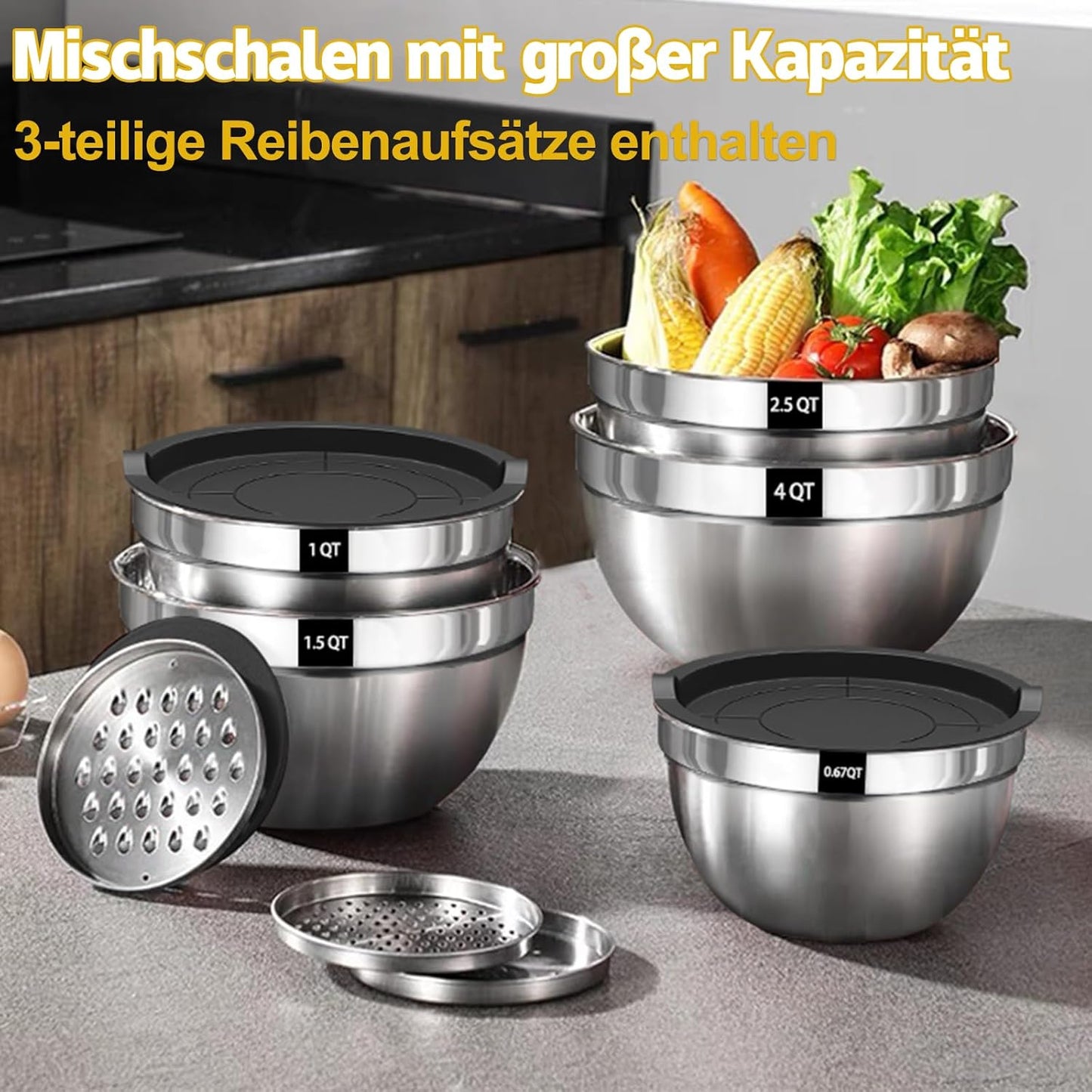 5er Set Rührschüssel mit luftdichten Deckeln & Reibenaufsätzen