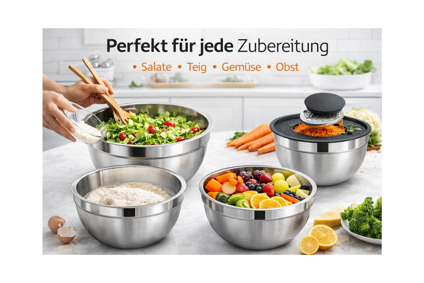 5er Set Rührschüssel mit luftdichten Deckeln & Reibenaufsätzen