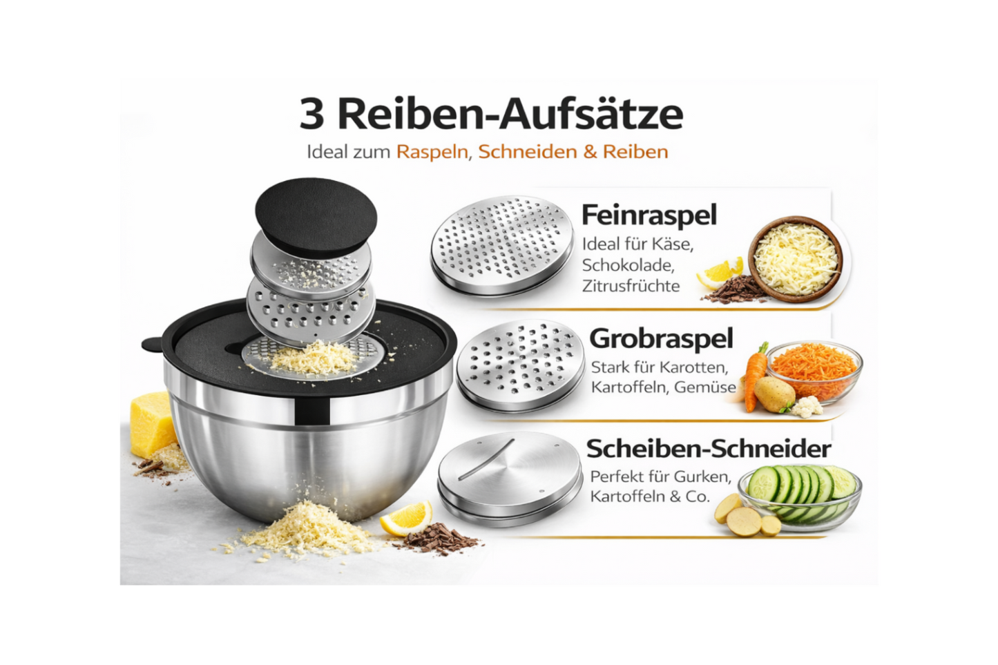 5er Set Rührschüssel mit luftdichten Deckeln & Reibenaufsätzen
