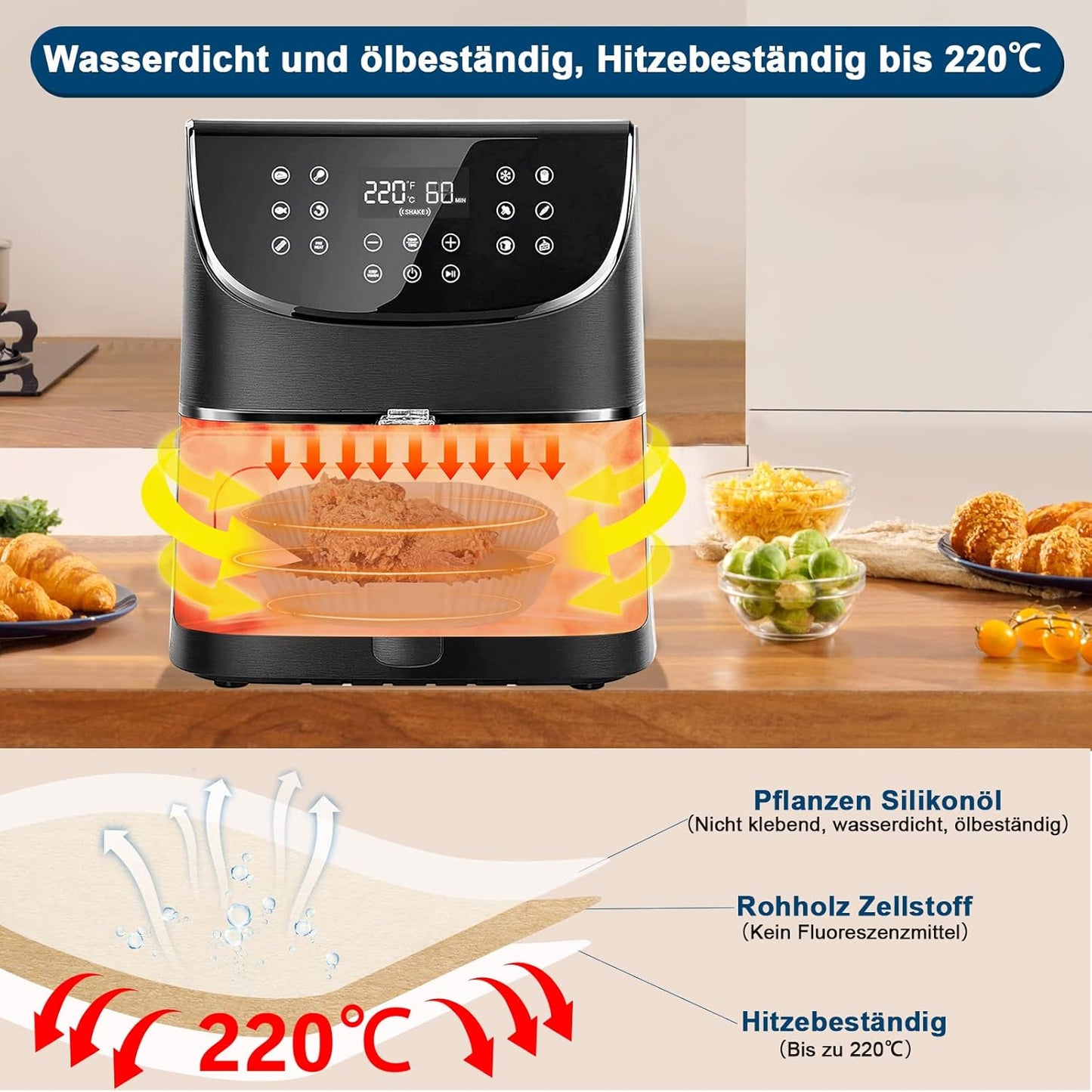 100x Backpapier für Heißluftfritteuse | 4,5L-8L | Gesundes Kochen ohne Anbrennen