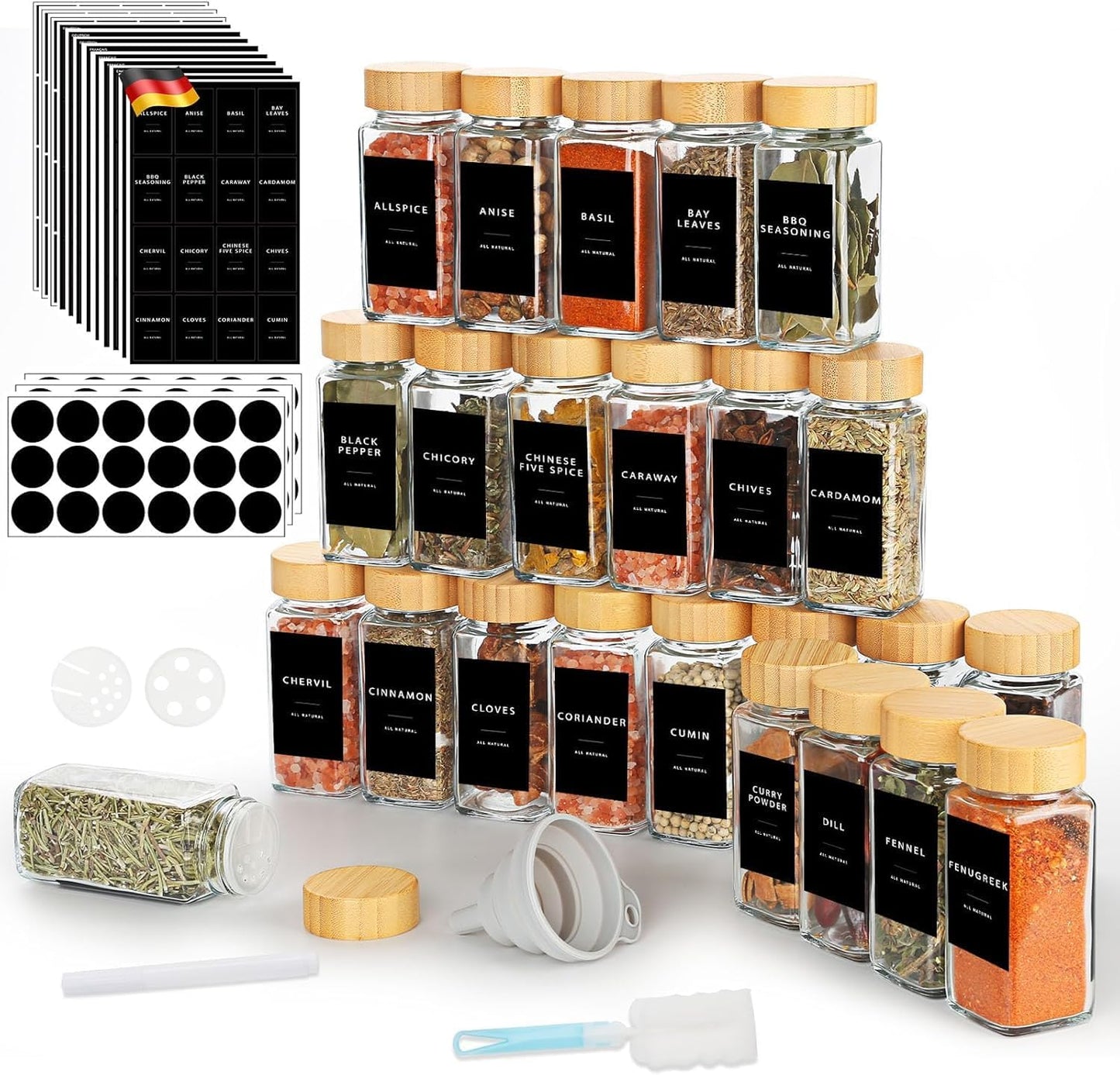 24-teiliges Gewürzgläser-Set mit Bambusdeckel + bedruckte Etiketten